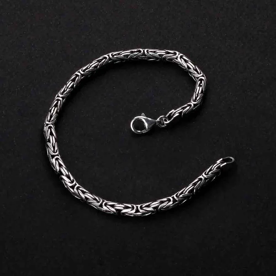 Solid Silver Men's Heavy Byzantine Chain Bracelet 4mm Round Bali Link