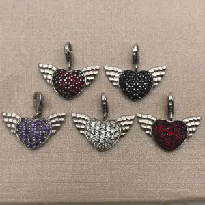 Sterling Silver Angel Wing Diamanté Heart Charm