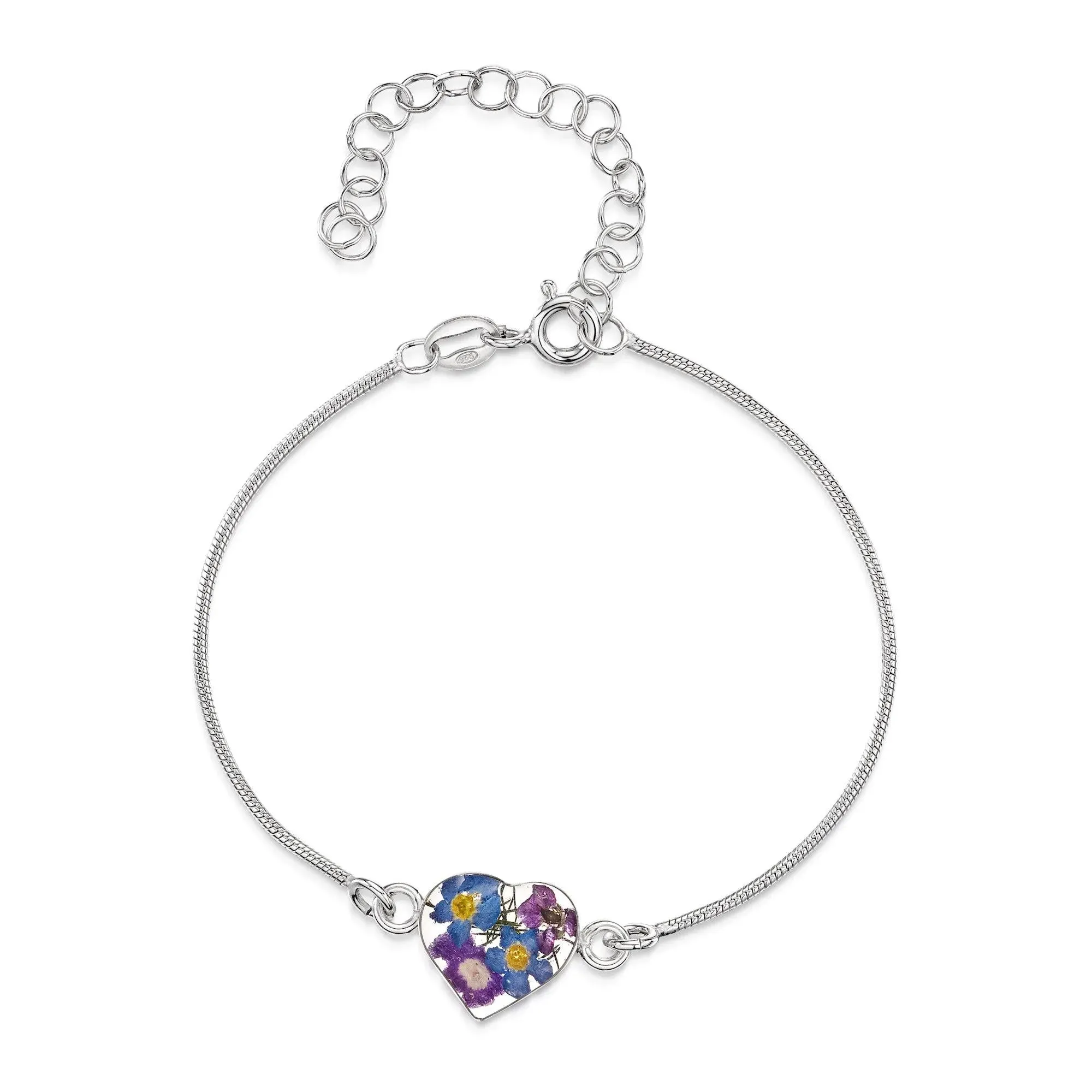 Sterling Silver Snake Bracelet with Heart Charm - Purple Haze