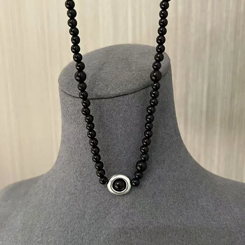 Tree Hole Design Ebony Bead 925 Sterling Silver Necklace