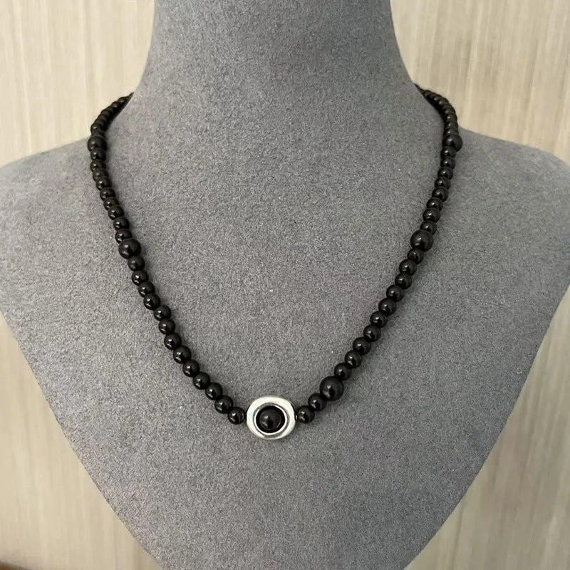 Tree Hole Design Ebony Bead 925 Sterling Silver Necklace