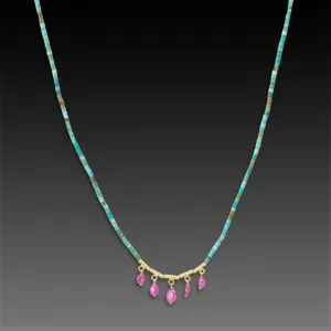 Turquoise Necklace with Five Ruby Drops