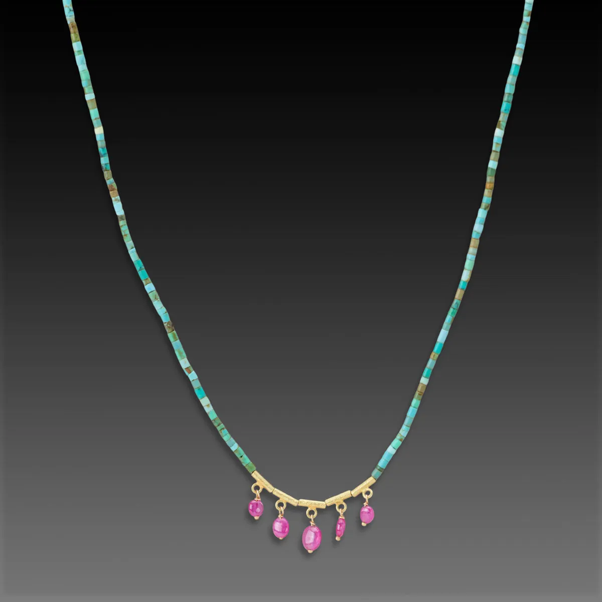 Turquoise Necklace with Five Ruby Drops