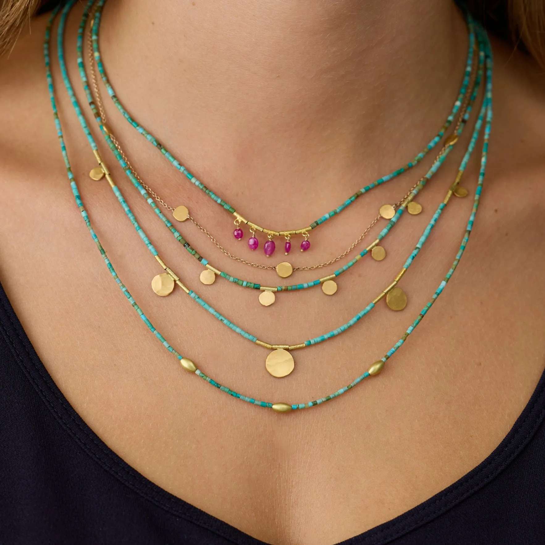 Turquoise Necklace with Five Ruby Drops