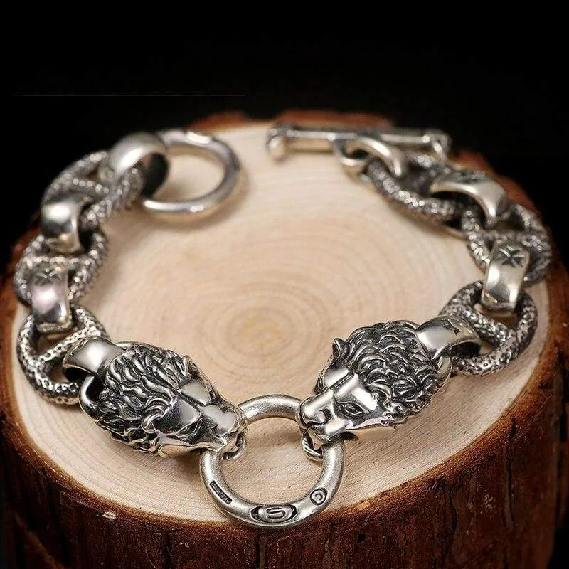 Two Fiery Lions Howling Silhouette 925 Silver Bracelet Animal Link Chain Vintage Rock Gothic Solid Sterling Silver Armband