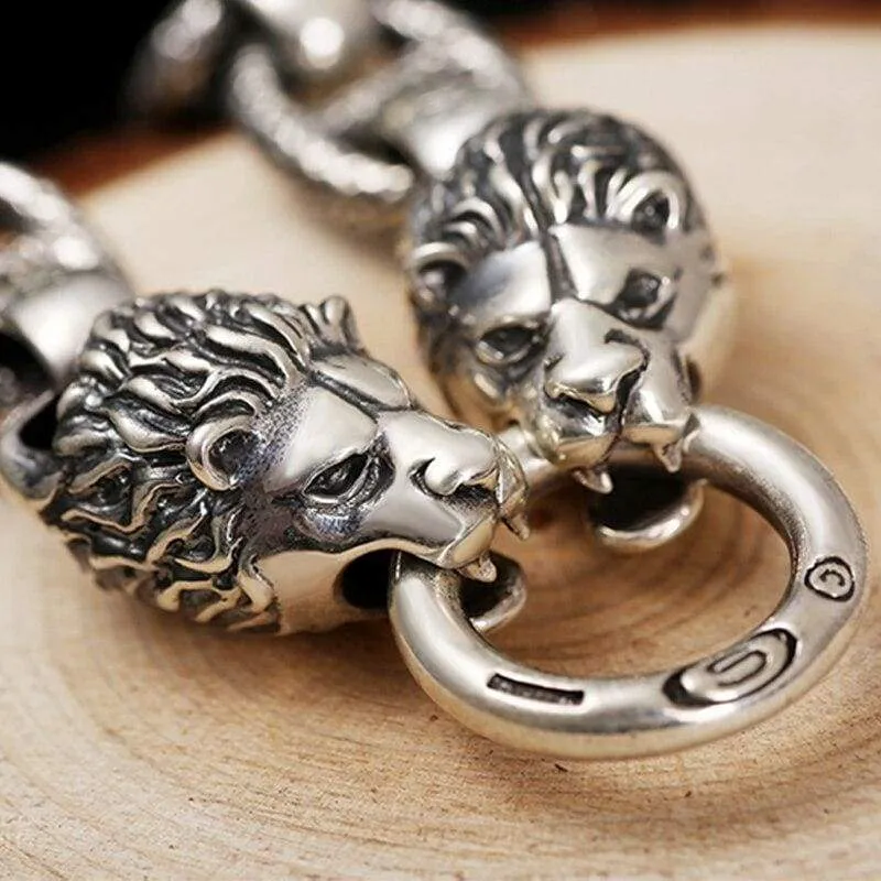 Two Fiery Lions Howling Silhouette 925 Silver Bracelet Animal Link Chain Vintage Rock Gothic Solid Sterling Silver Armband