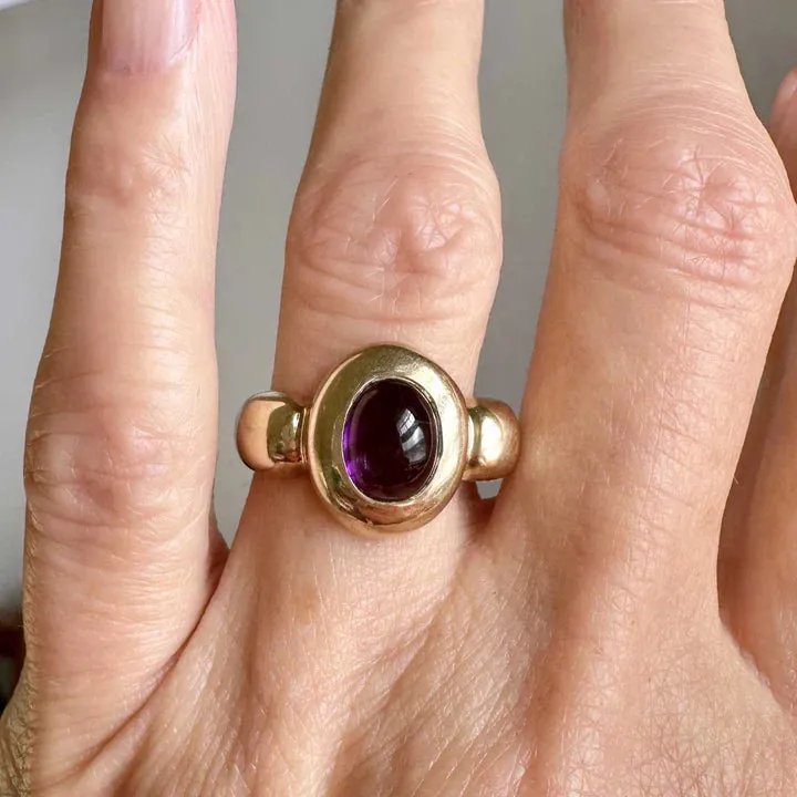 Vintage Domed Amethyst OVal Cut Cabochon 14k Gold Vermeil Rings