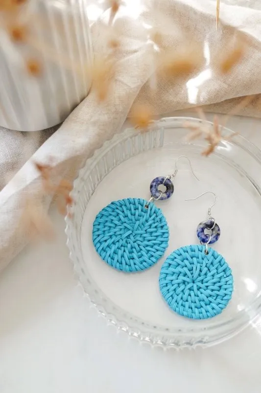 Xander Kostroma - 925 Sterling Silver Blue Vein Stone Blue Rattan Earrings - Ideal for Women - Enhances Mental Clarity and Calm - Handcrafted Summer Jewelry - Drop: 9cm, Rattan Disc: 5cm - Unique Healing Earrings for Daily Elegance