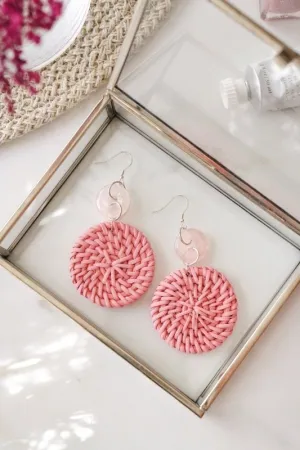 Xander Kostroma 925 Sterling Silver Rose Quartz Pink Rattan Earrings - Handmade Crystal Jewelry for Healing, Self-Love & Emotional Balance, 9cm Drop, Natural Rattan & Rose Quartz