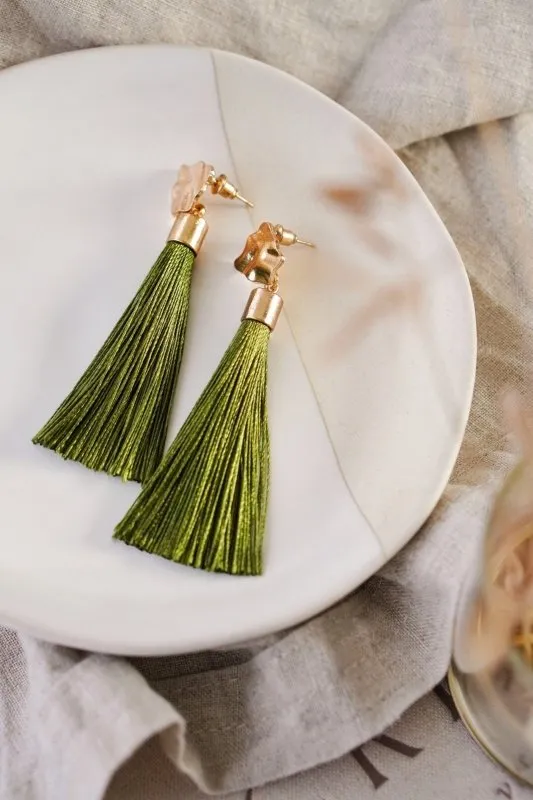 Xander Kostroma Gold Tone & Sage Green Tassel Drop Earrings – 8cm, Handmade Boho Jewelry, Lightweight Statement Earrings, Sustainable Fashion, Ideal for Casual & Evening Wear