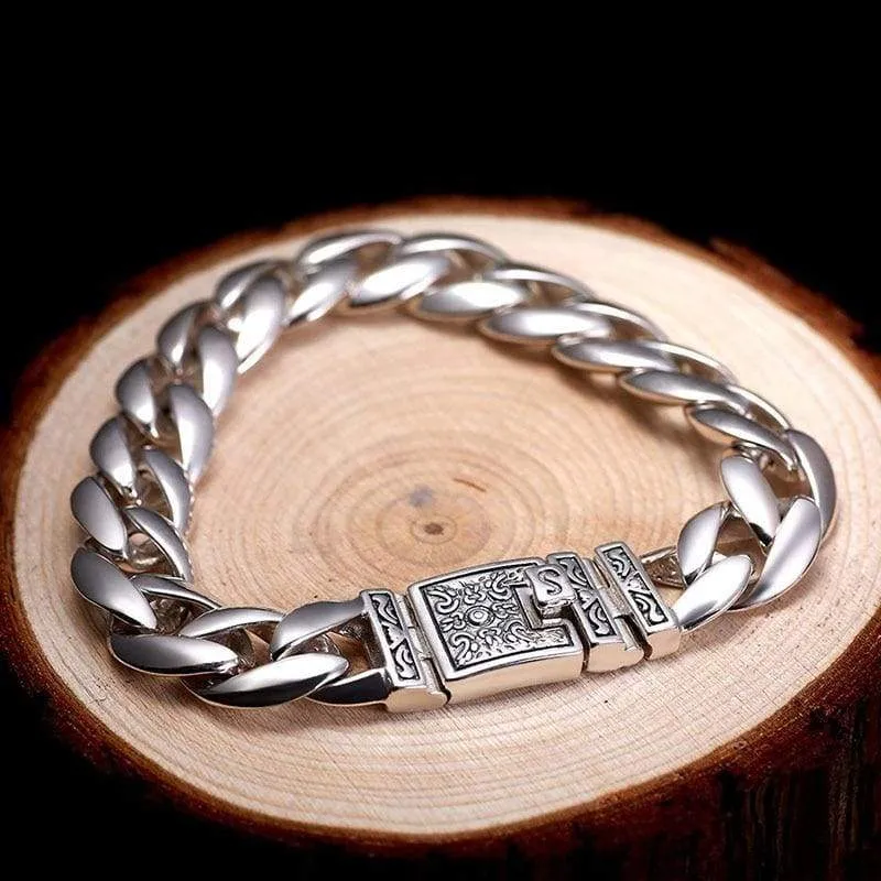 ZABRA Real 925 Silver Men's Bracelet 12mm Wide Smooth Flower Safe Lock High Polish Link Chain Male Biker Silver Bracelet