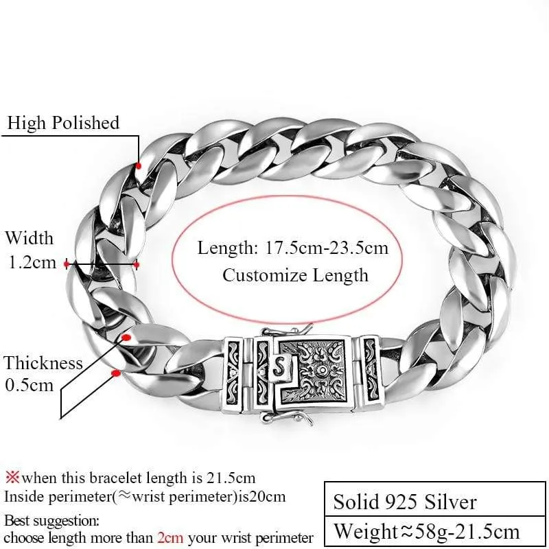 ZABRA Real 925 Silver Men's Bracelet 12mm Wide Smooth Flower Safe Lock High Polish Link Chain Male Biker Silver Bracelet